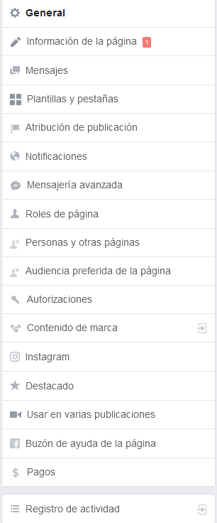 Menú de características de paginas de facebook