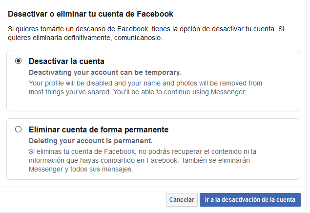 borrar facebook o desactivar cuenta de facebook